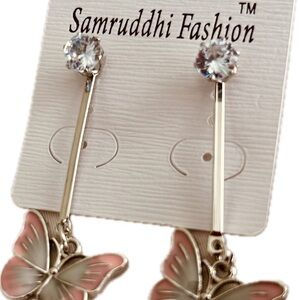 Cute Pink Butterfly Rhinestone Enamel Korean Style Fashion Dangle Earrings set